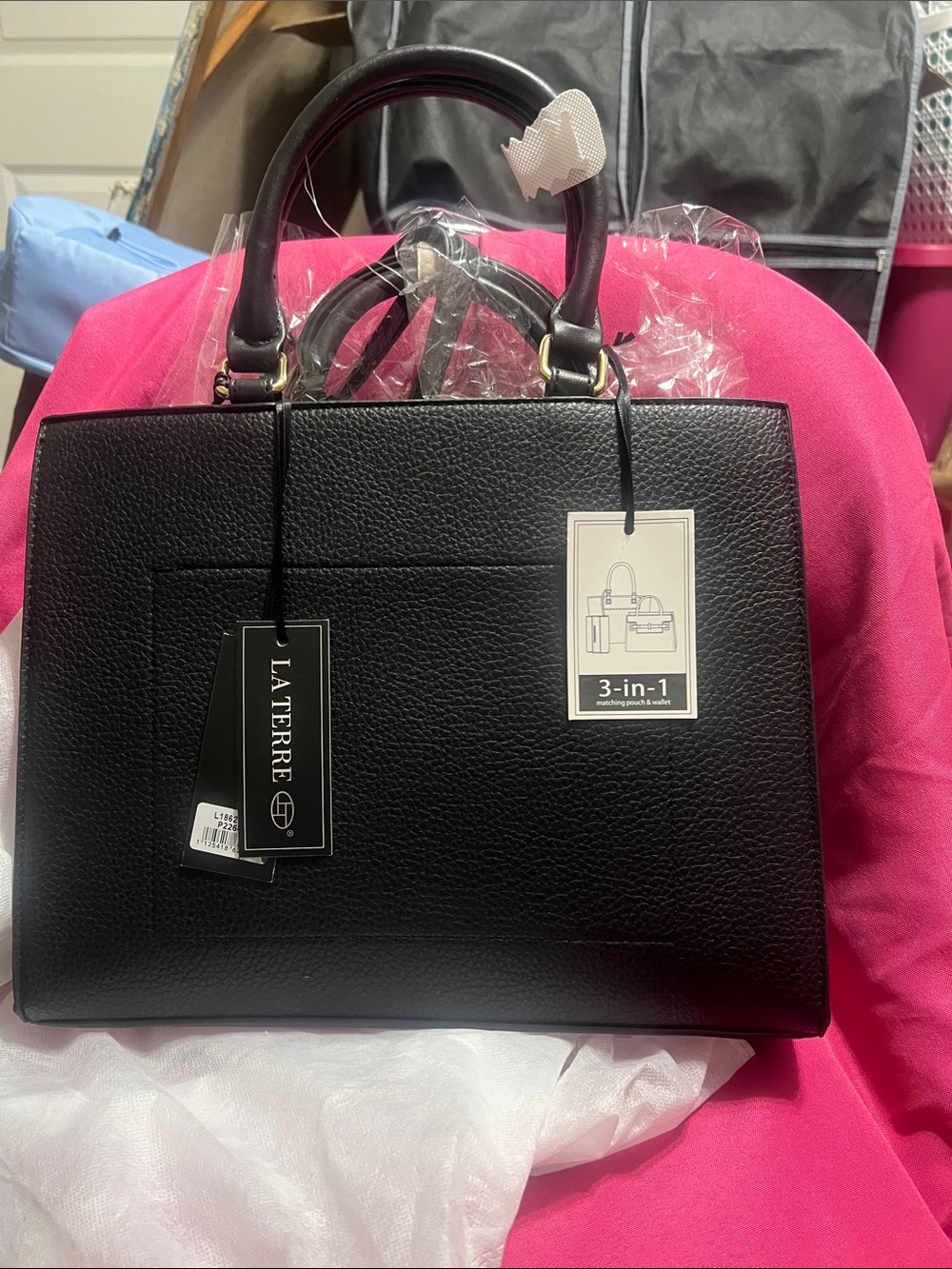 Black 3-in-1 Tote Bag by La Terre, tote sm tote,wallet, cross strap , dust bag